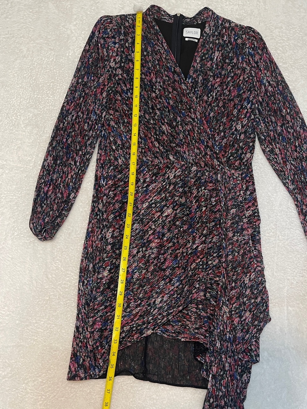 Saylor Bernadette draped faux wrap floral metallic‎ long sleeve cocktail dress L - Picture 7 of 15